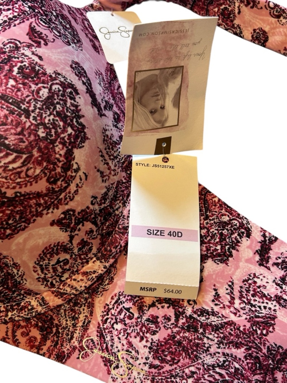 NWT Jessica Simpson Pink Paisley Bra Size 40D